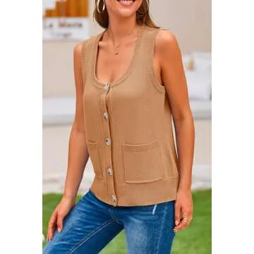 PRETTYGARDEN Women's 2024 Spring Vests Sleeveless Button Down Knitted Tank Tops Casual Y2K Sweater Top Blouse with Pockets