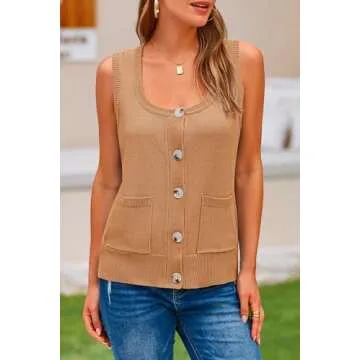 PRETTYGARDEN Women's 2024 Spring Vests Sleeveless Button Down Knitted Tank Tops Casual Y2K Sweater Top Blouse with Pockets