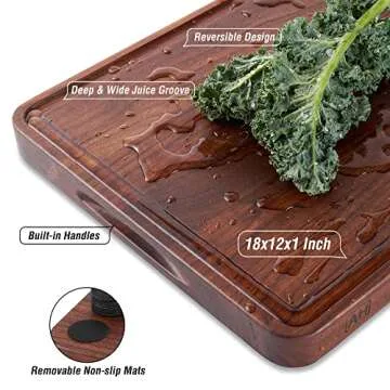 AZRHOM Large Walnut Wood Cutting Board for Kitchen 18x12 (Gift Box) with Juice Groove Handles Non-slip Mats Thick Reversible Butcher Block Chopping Board Cheese Charcuterie Boardrd