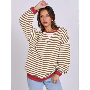 ANRABESS Women Striped Oversized Sweatshirt Long Sleeve Crewneck Shirts 2025 Fall Fashion Pullover Sweater Trendy Clothes Caramel White Small