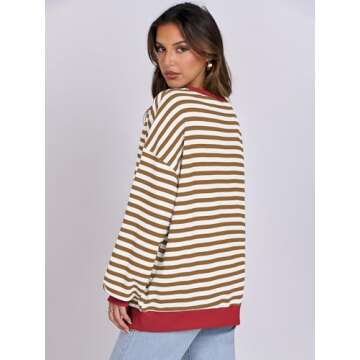 ANRABESS Women Striped Oversized Sweatshirt Long Sleeve Crewneck Shirts 2025 Fall Fashion Pullover Sweater Trendy Clothes Caramel White Small