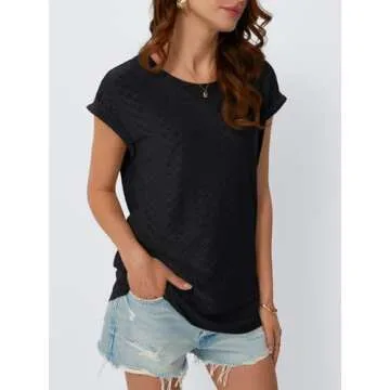 AUTOMET Womens Tops Short Sleeve T-Shirts Eyelet Embroidery Blouse Dressy Causal Spring Summer Vacation Fashion 2025 Trendy Comdy Clothes Black S