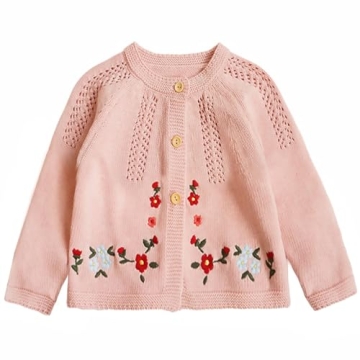 Simplee kids Baby Cardigan Hand Knitted Cardigan with Hand Embroidery Sweater Long Sleeve Baby Girl Coat for Winter and Autumn 3-4T C-Pink