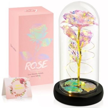 Rose Flower, Gifts for Women,Birthday Gift for Mom,Eternal Artificial Roses with LED Light Glass Cov...