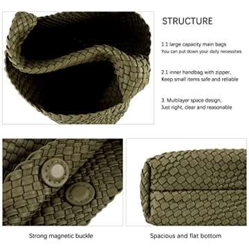 LMKIDS Women Vegan Leather Hand-Woven Tote Handbag Fashion Shoulder Top-handle Bag All-Match Underarm Bag with Purse (Olive Green)