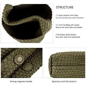 LMKIDS Women Vegan Leather Hand-Woven Tote Handbag Fashion Shoulder Top-handle Bag All-Match Underarm Bag with Purse (Olive Green)