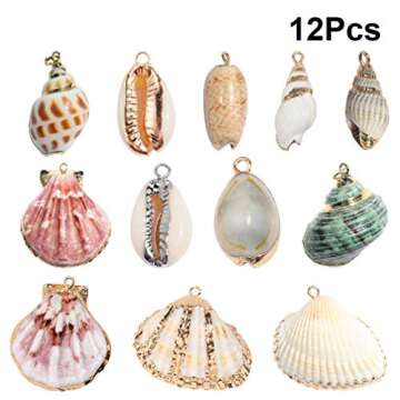 Happyyami Keychain Necklace 12pcs Natural Pendant Gold Plated Cowrie Spiral Conch Shells Charm Beach...