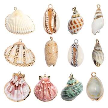 Happyyami Keychain Necklace 12pcs Natural Pendant Gold Plated Cowrie Spiral Conch Shells Charm Beach Jewelry Making Bead DIY Craft Supplies for Neckalce Bracelet Earring Summer Necklace