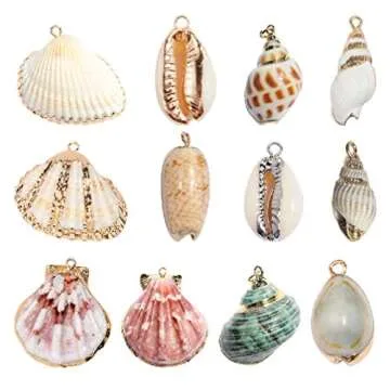 Happyyami Keychain Necklace 12pcs Natural Pendant Gold Plated Cowrie Spiral Conch Shells Charm Beach Jewelry Making Bead DIY Craft Supplies for Neckalce Bracelet Earring Summer Necklace