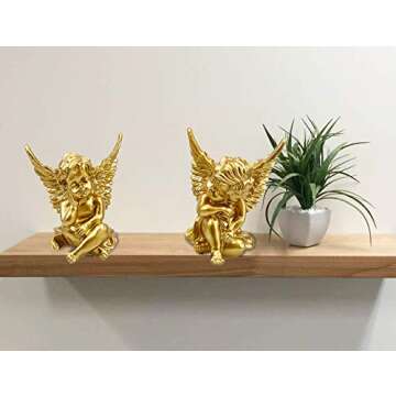 Set of 2 Gold Mini Angels Resin Cherubs Statue Figurine, Indoor Outdoor Home Garden Decoration,Tabletop Decoration, Adorable Angel Sculpture Memorial Statue A Pair (Golden)