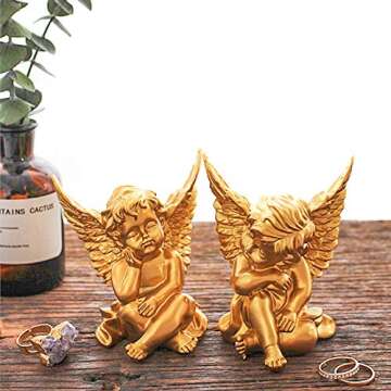 Set of 2 Gold Mini Angels Resin Cherubs Statue Figurine, Indoor Outdoor Home Garden Decoration,Tabletop Decoration, Adorable Angel Sculpture Memorial Statue A Pair (Golden)
