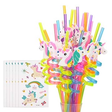 24 Reusable Unicorn Drinking Plastic Straws + 6 Temporary Tattoos for Girls | Birthday Party Supplie...