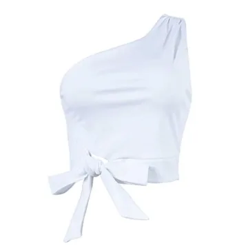 WEEPINLEE Women's Sexy One Shoulder Sleeveless Bowknot Shirts Crop Tops (S,White)