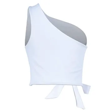 WEEPINLEE Women's Sexy One Shoulder Sleeveless Bowknot Shirts Crop Tops (S,White)