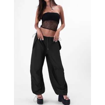 ONIRIKE Womens Parachute Pants Drawstring Elastic Low Waist Sweatpants Loose Baggy Y2K Cargo Pants Trousers with Pockets Black S