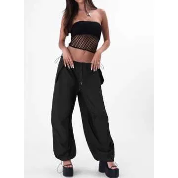 ONIRIKE Womens Parachute Pants Drawstring Elastic Low Waist Sweatpants Loose Baggy Y2K Cargo Pants Trousers with Pockets Black S