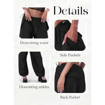 ONIRIKE Womens Parachute Pants Drawstring Elastic Low Waist Sweatpants Loose Baggy Y2K Cargo Pants Trousers with Pockets Black S