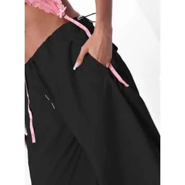 ONIRIKE Womens Parachute Pants Drawstring Elastic Low Waist Sweatpants Loose Baggy Y2K Cargo Pants Trousers with Pockets Black S