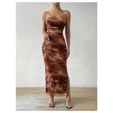 Milumia Women's Printed Strapless Tube Top Long Dress Slit Hem Sleeveless Bodycon Maxi Dresses Coffee Brown Small