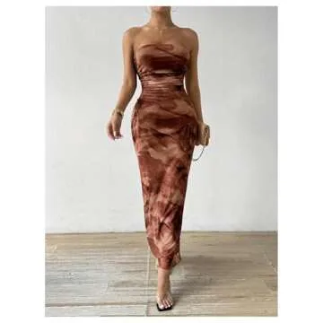 Milumia Women's Printed Strapless Tube Top Long Dress Slit Hem Sleeveless Bodycon Maxi Dresses Coffee Brown Small