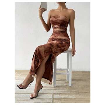Milumia Women's Printed Strapless Tube Top Long Dress Slit Hem Sleeveless Bodycon Maxi Dresses Coffee Brown Small