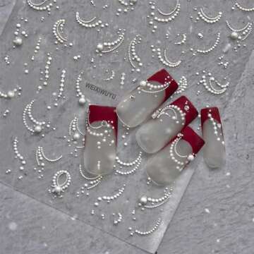 White French Tips Pearls Nail Art Stickers 5D Embossed Romantic Nail Stickers French Tips Line Nail Decals for Nail Art Design Nail Accessories for Women Girls Valentine's Day Nail Art Decoration