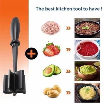 5 Blade Heat Resistant Meat Chopper, Non Scratch Potato Masher Tool, Safe for All Cookware, Kitchen Utensil for Ground Beef, Hamburger Smasher Cooking Tools, Black