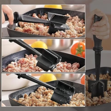 5 Blade Heat Resistant Meat Chopper, Non Scratch Potato Masher Tool, Safe for All Cookware, Kitchen Utensil for Ground Beef, Hamburger Smasher Cooking Tools, Black