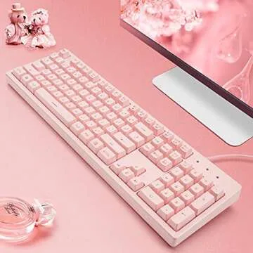 Basaltech Pink Keyboard with 7-Color LED Backlit, 104 Keys Quiet Silent Light Up Keyboard, 19-Key Anti-Ghosting Cheap Gaming Keyboard Mechanical Feeling Waterproof Wired USB for Computer, Mac, Laptop