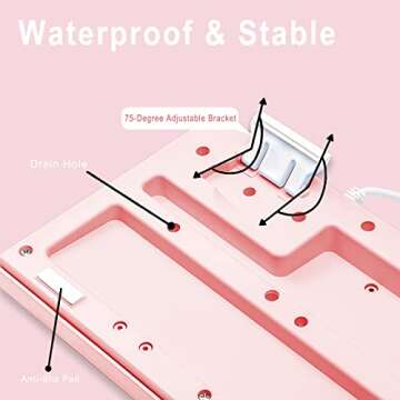 Basaltech Pink Keyboard with 7-Color LED Backlit, 104 Keys Quiet Silent Light Up Keyboard, 19-Key Anti-Ghosting Cheap Gaming Keyboard Mechanical Feeling Waterproof Wired USB for Computer, Mac, Laptop