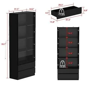 Hitow Glass Door Cabinet with Lights and 4 Storage Shelves, Tall Modern Display Storage Organizer wi...