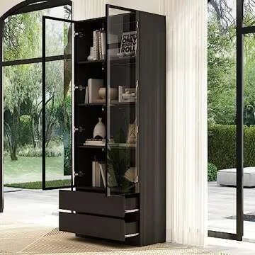 Hitow Glass Door Cabinet with Lights and 4 Storage Shelves, Tall Modern Display Storage Organizer with 2 Drawers and 2 Doors, Wooden Bookcase Bookshelf for Living Room, Home Office, Black