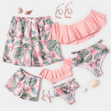 IFFEI Family Matching Swimsuits Two Pieces Leaves Printed Ruffles Bikini Set Off Shoulder Mommy and ...