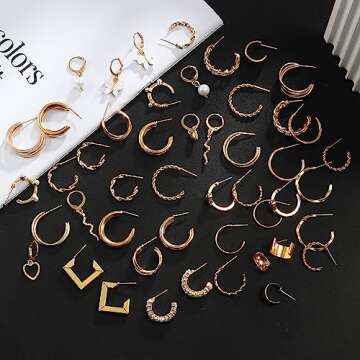 IFKM 24 Pairs Gold Hoop Earrings Set For Women 14K Gold Plated Hypoallergenic Chunky Chain Twisted Open Hoops Dangle Earring Packs For Birthday Party Christmas Fashion Jewelry Gift