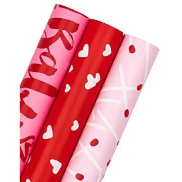 WRAPAHOLIC Valentine's Day Wrapping Paper Roll - Mini Roll - 3 Rolls - 17 Inch X 120 Inch Per Roll - Pink and Red Sweet Design for Wedding, Baby Shower and Birthday