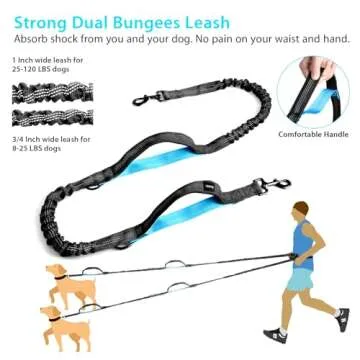 Uppetly Hands Free Dog Running Leash with Adjustable Waist Belt, Dual Handle Elastic Bungees Retractable Rope for Medium and Large Dogs, Reflective Stitches for Walking Hiking Biking (Large, 25-120lb)