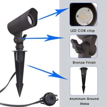 E ENERGETIC LIGHTING LED Landscape Lights with Connectors, 12V Low Voltage, Warm White 3000k, 4W, 175LM, Outdoor Waterproof Garden Pathway Lights Wall Tree Flag Spotlights with Spike Stand, 2 Pack