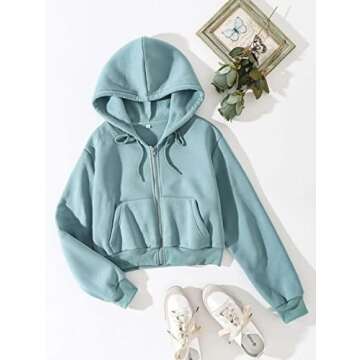 Sdencin Women Long Sleeve Zip Up Cropped Fleece Hoodie Workout Casual Solid Pocket Drawstring Hooded Sweatshirt Jacket Blue