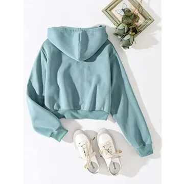 Sdencin Women Long Sleeve Zip Up Cropped Fleece Hoodie Workout Casual Solid Pocket Drawstring Hooded Sweatshirt Jacket Blue