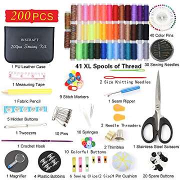 INSCRAFT Sewing Kit, 200 Premium Sewing Supplies, 41 XL Thread Spools, Suitable for Traveller, Adult...
