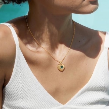 NUZON Emerald CZ Heart Pendant Necklace for Women - 18K Gold Plated