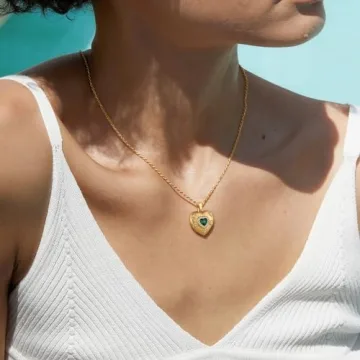 NUZON Emerald CZ Heart Pendant Necklace for Women - 18K Gold Plated