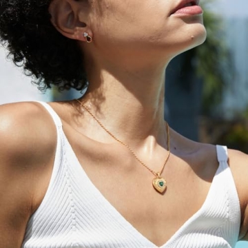 NUZON Emerald CZ Heart Pendant Necklace for Women - 18K Gold Plated