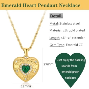 NUZON Emerald CZ Heart Pendant Necklace for Women - 18K Gold Plated
