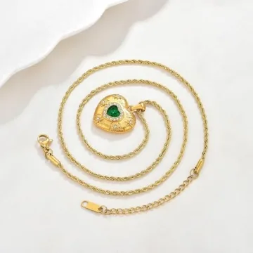 NUZON Emerald CZ Heart Pendant Necklace for Women - 18K Gold Plated