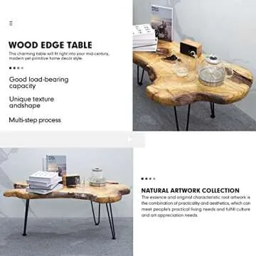 BTEOBFY Live Edge Coffee Table, Natural Living Room Coffee Table with Clear Lacquer Finish and Metal Hairpin Legs,Unique Desktop