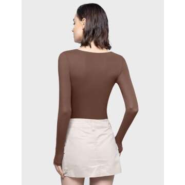 PUMIEY Bodysuits for Women Long Sleeve T Shirt Tops Slim Fit Sexy Square Neck Body Suits, Chocolate Medium