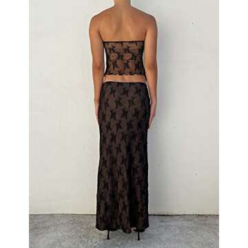 Women Y2k Two Piece Sets Sexy Tube Top Bodycon Lace Maxi Skirt 2 Piece Going Out Outfits Black S
