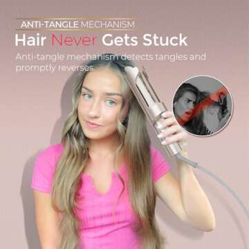 Upgraded Automatic Rotating Curling Iron - TYMO Long Barrel Curling Wand for Long Hair, Ceramic 1 Inch Hair Curler Anti-Scald, Tangle-Free, 600M Ionic, Dual Voltage for Easy Lasting Curls, Gold