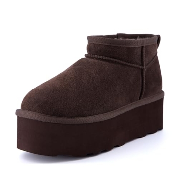 CUSHIONAIRE Hippy Women’s Cozy Winter Ankle Boots – Genuine Suede & Faux Fur, Chocolate 7.5